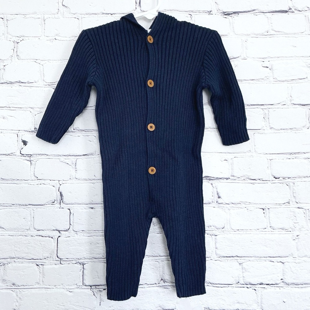 New Nordstrom Navy Peacoat Knit Bodysuit With Hood Size 9M